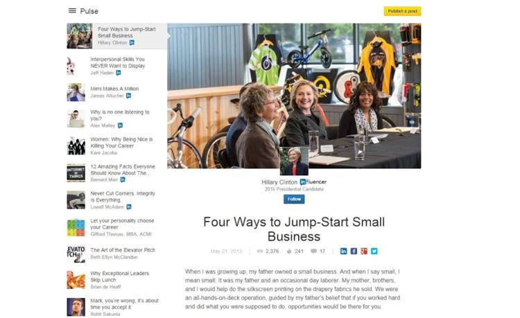 Hillary Clinton joins LinkedIn, pens article on small business solutions