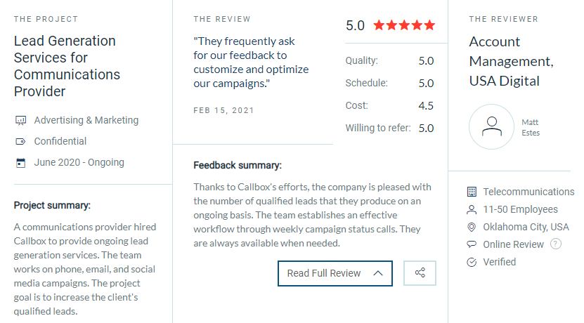 Screenshot of USA Digital's review of Mercury Labs on Clutch