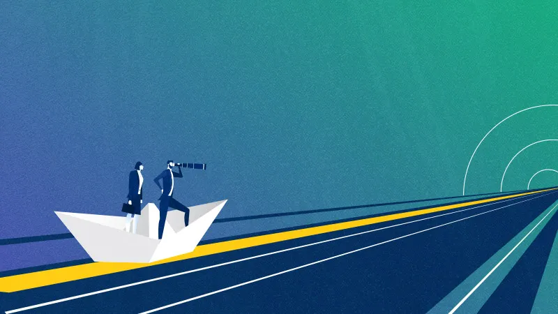 Business people riding paperboat