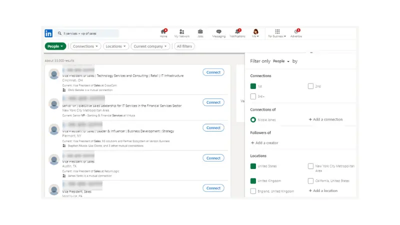 screenshot on how to identify and research prospects on LinkedIn
