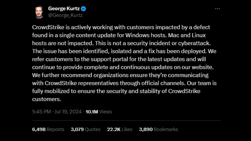 Twitter post of CrowdStrike CEO - George Kurtz about the defect