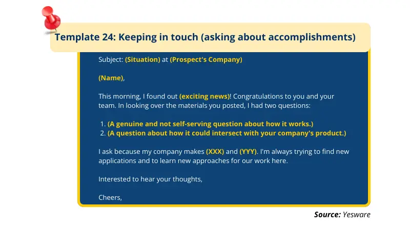 example template for keeping in touch from Yesware
