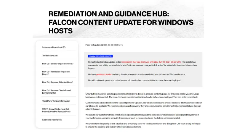 screenshot of CrowdStrike remediation and guidance hub